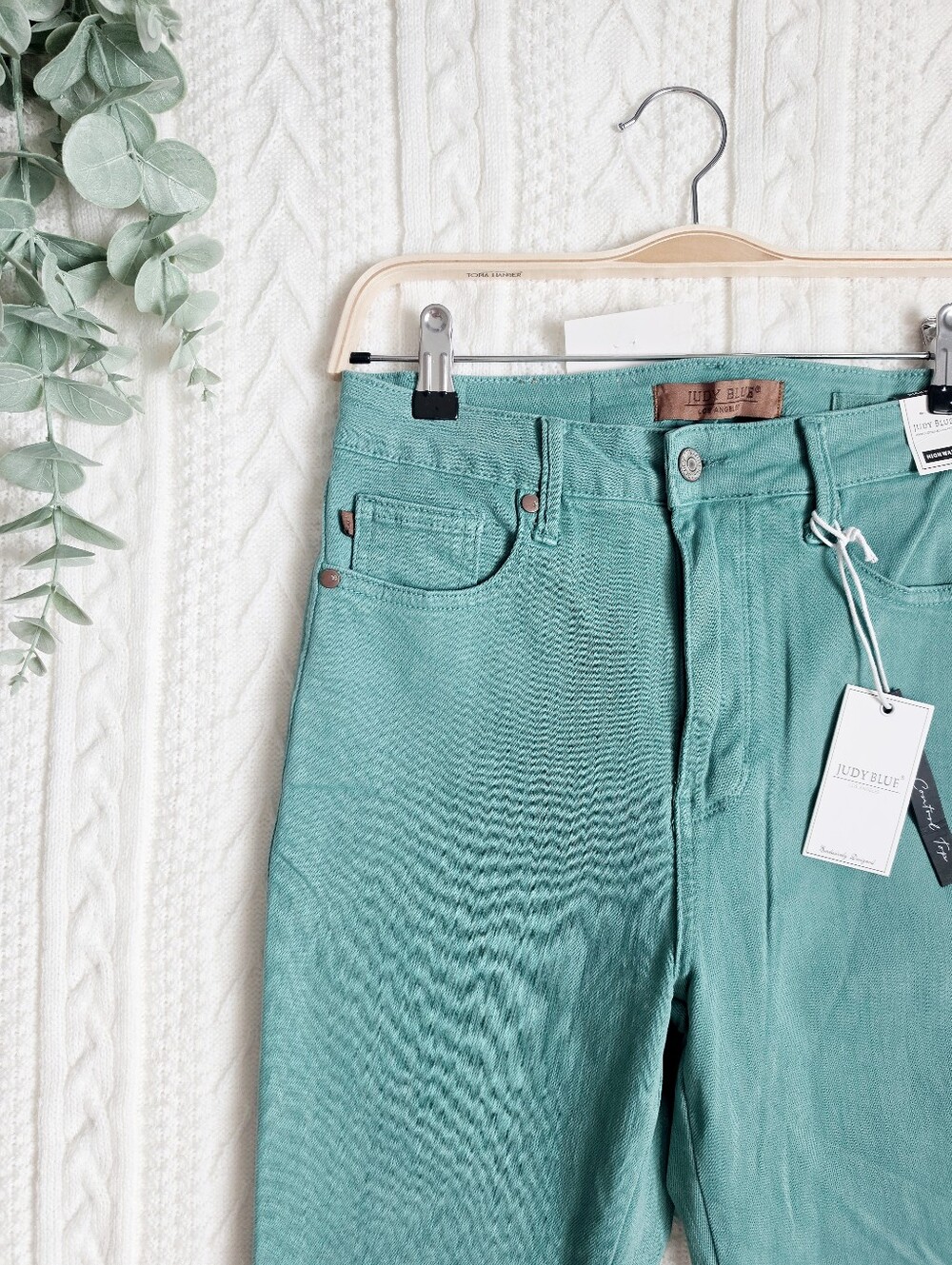 Judy Blue High Rise Garment Dyed Flare Jeans Teal Green Raw Hem Stretch 5/27 NEW - Picture 7 of 12